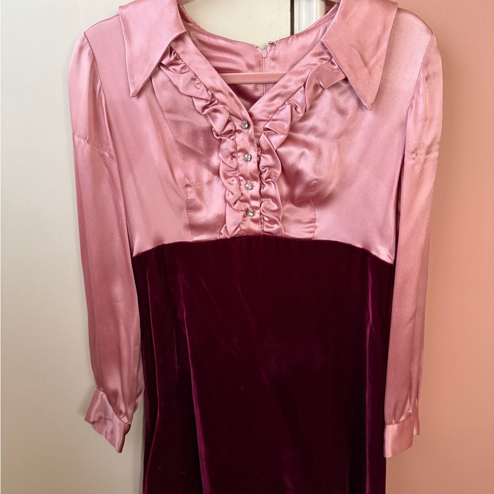 Vintage 60s Pink and Burgundy Satin and Velvet Dress with Rhinestone Buttons